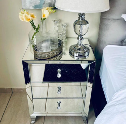 3 drawer mirror bedside pedestals with chrome legs